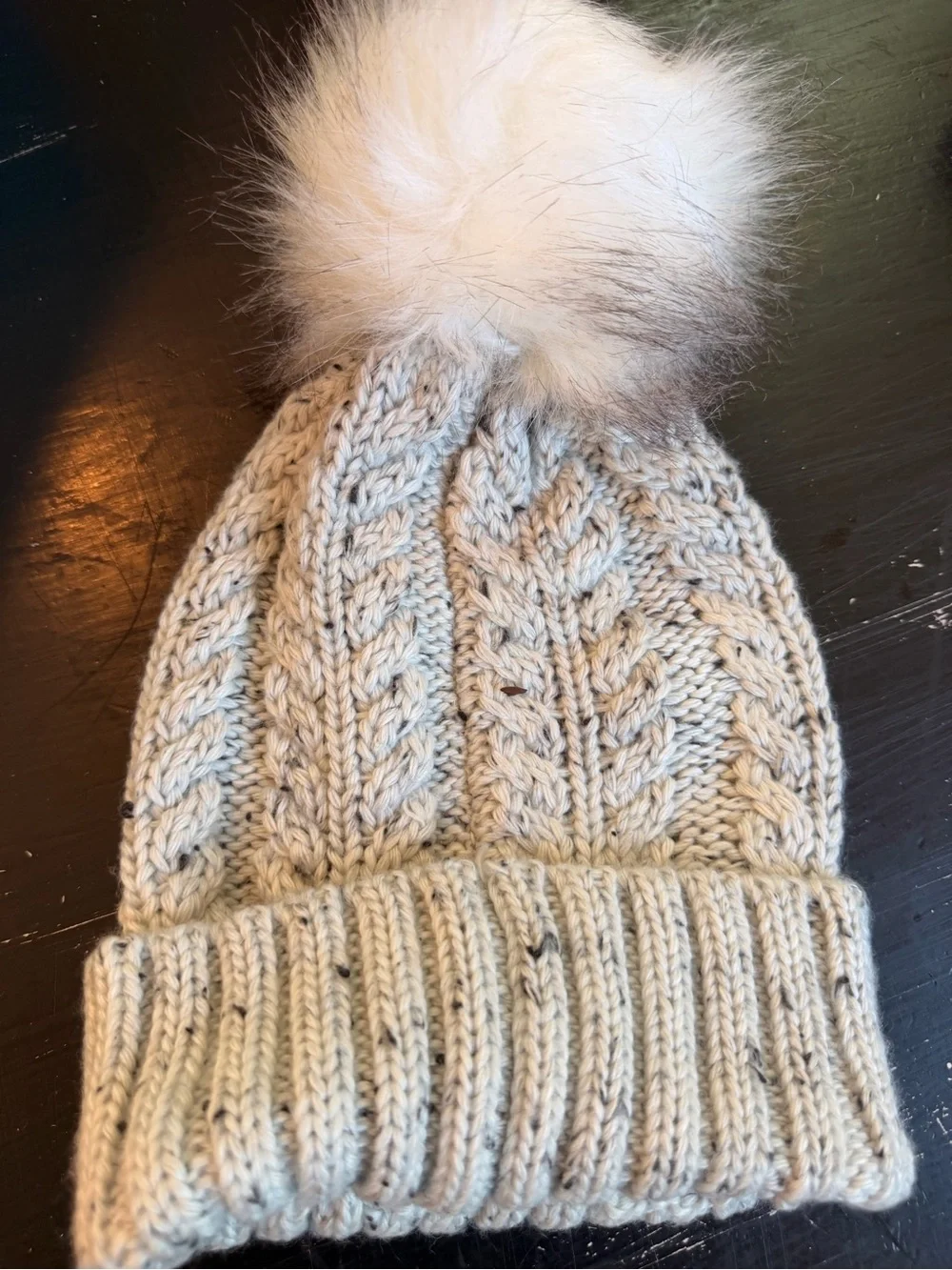 Beige Cable Knit Pom Beanie